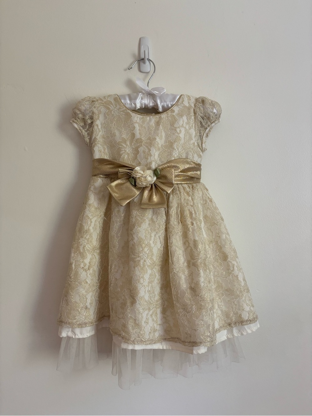 Vintage Youngland Gold Lace Flower Girl Dress with Sash and Rose 3T
